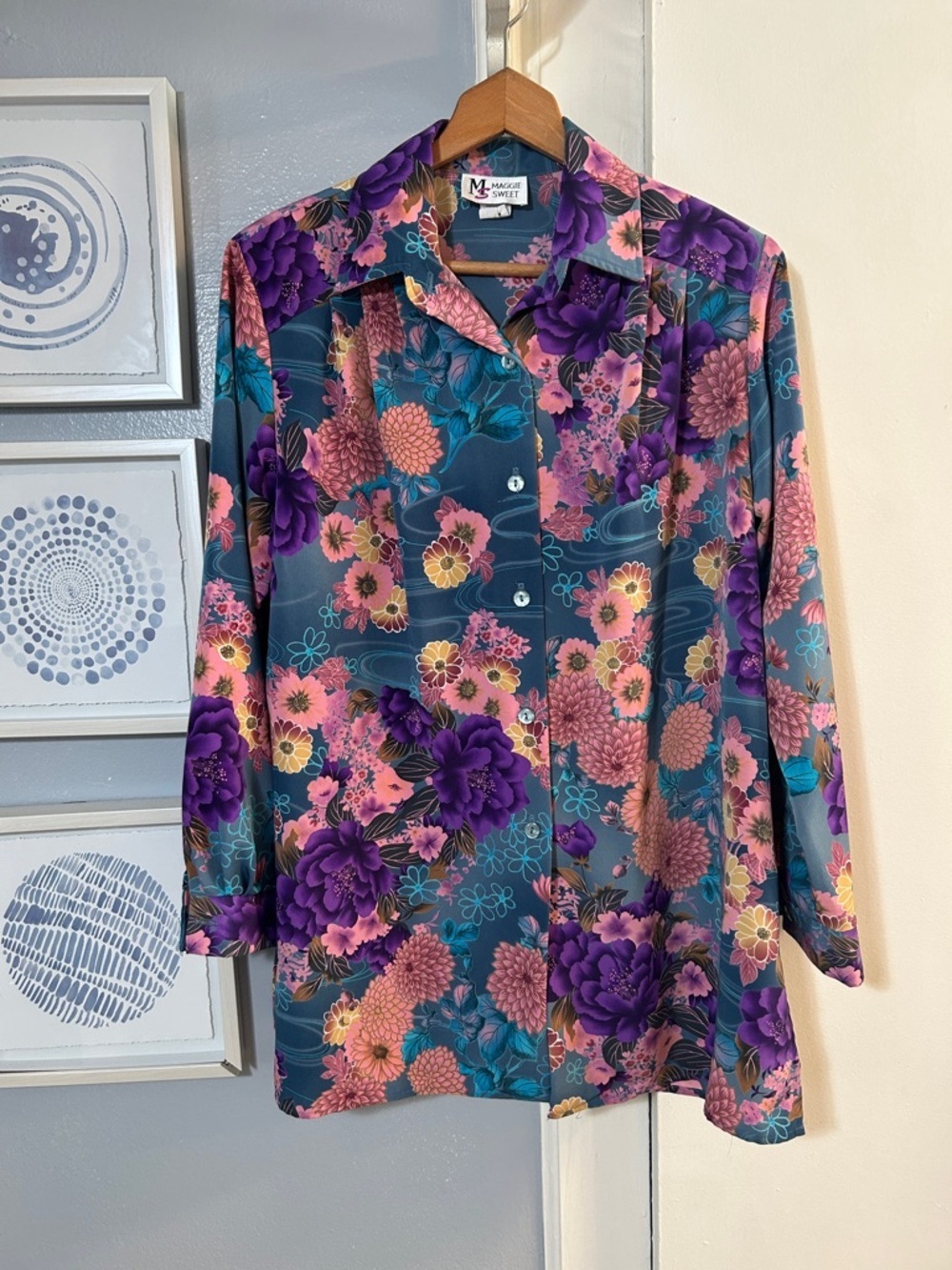 Maggie Sweet Womenβs Size M Floral Button Up Blouse Teal, Purple, Yellow & Pink